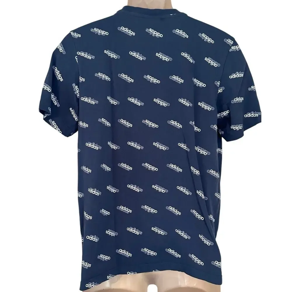 Blue White Adidas T Shirt Casual Preppy Print Graphic Cotton Sz Large